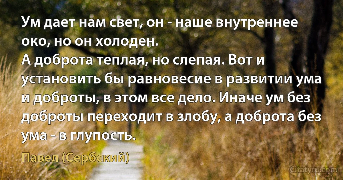 Ум дает нам свет, он - наше внутреннее око, но он холоден.
А доброта теплая, но слепая. Вот и установить бы равновесие в развитии ума и доброты, в этом все дело. Иначе ум без доброты переходит в злобу, а доброта без ума - в глупость. (Павел (Сербский))