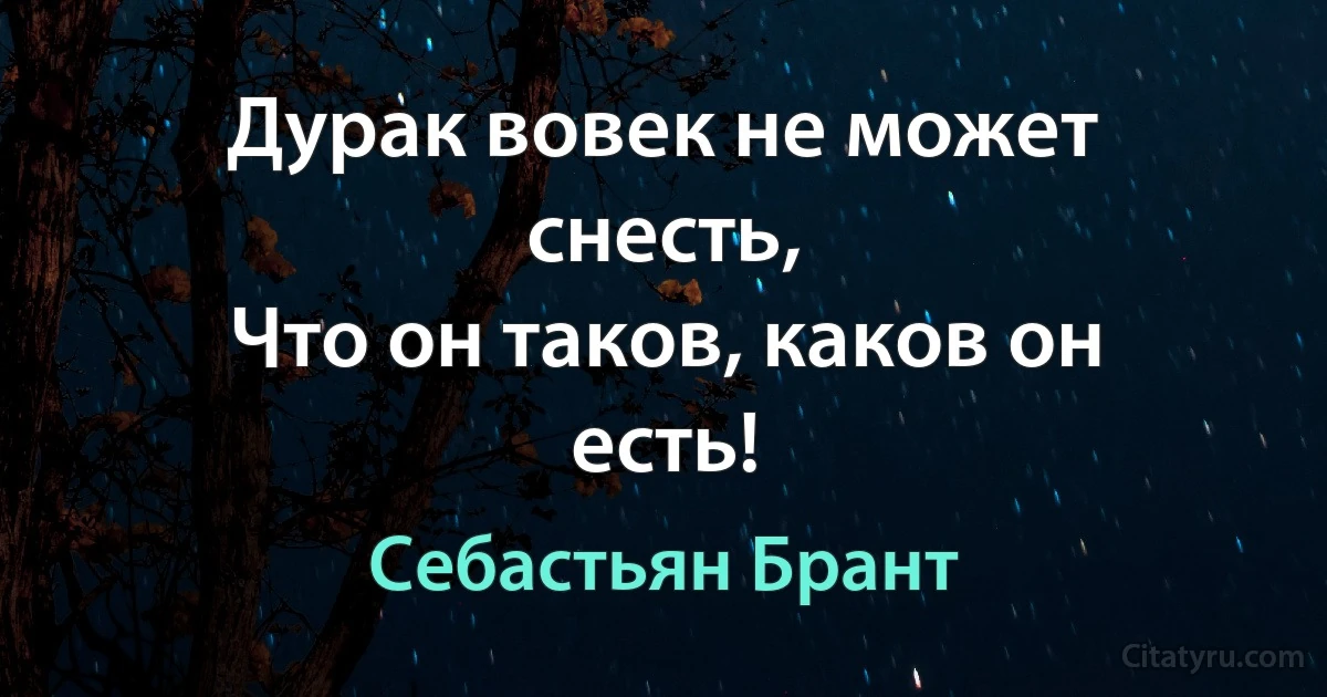 Дурак вовек не может снесть,
Что он таков, каков он есть! (Себастьян Брант)