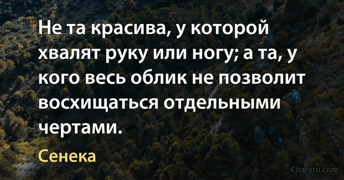 Не та красива, у которой хвалят руку или ногу; а та, у кого весь облик не позволит восхищаться отдельными чертами. (Сенека)