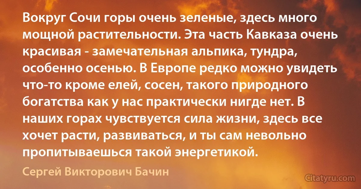 Вокруг Сочи горы очень зеленые, здесь много мощной растительности. Эта часть Кавказа очень красивая - замечательная альпика, тундра, особенно осенью. В Европе редко можно увидеть что-то кроме елей, сосен, такого природного богатства как у нас практически нигде нет. В наших горах чувствуется сила жизни, здесь все хочет расти, развиваться, и ты сам невольно пропитываешься такой энергетикой. (Сергей Викторович Бачин)