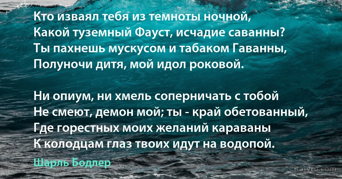 Кто изваял тебя из темноты ночной, 
Какой туземный Фауст, исчадие саванны? 
Ты пахнешь мускусом и табаком Гаванны, 
Полуночи дитя, мой идол роковой. 

Ни опиум, ни хмель соперничать с тобой 
Не смеют, демон мой; ты - край обетованный,
Где горестных моих желаний караваны 
К колодцам глаз твоих идут на водопой. (Шарль Бодлер)