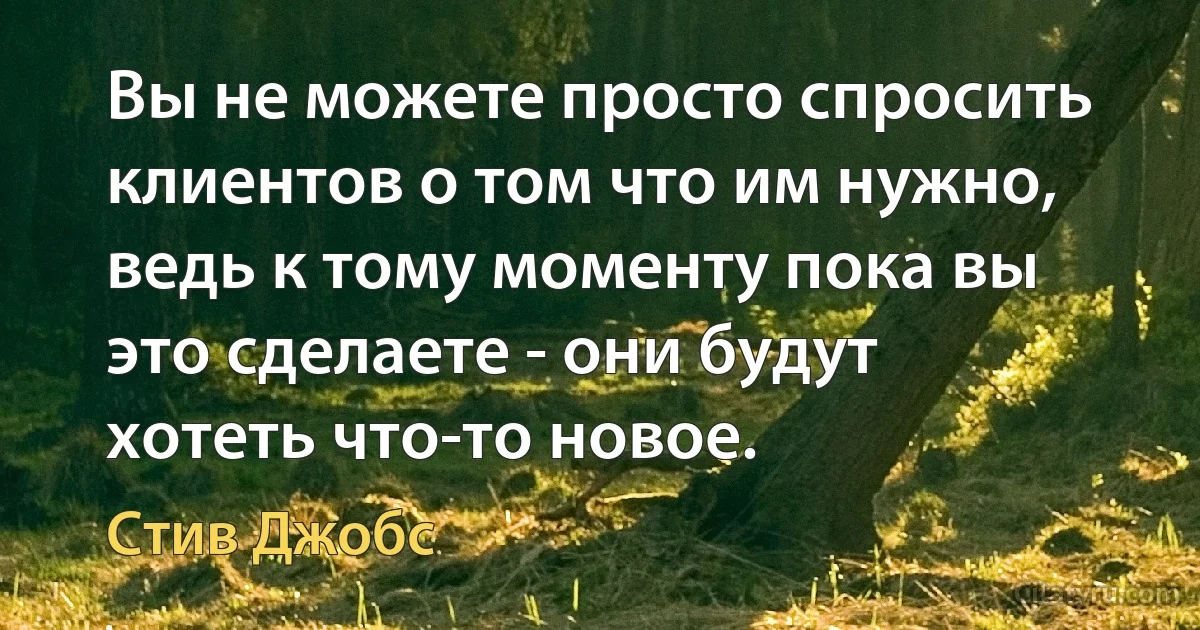 Вы не можете просто спросить клиентов о том что им нужно, ведь к тому моменту пока вы это сделаете - они будут хотеть что-то новое. (Стив Джобс)