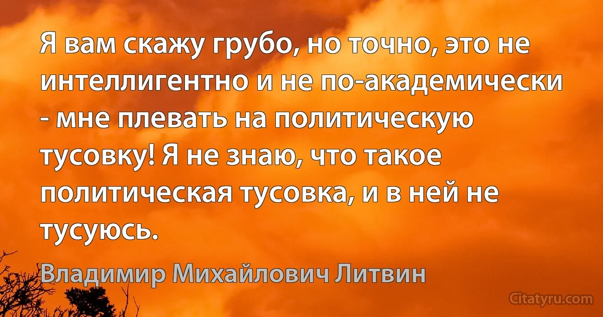 Я вам скажу грубо, но точно, это не интеллигентно и не по-академически - мне плевать на политическую тусовку! Я не знаю, что такое политическая тусовка, и в ней не тусуюсь. (Владимир Михайлович Литвин)