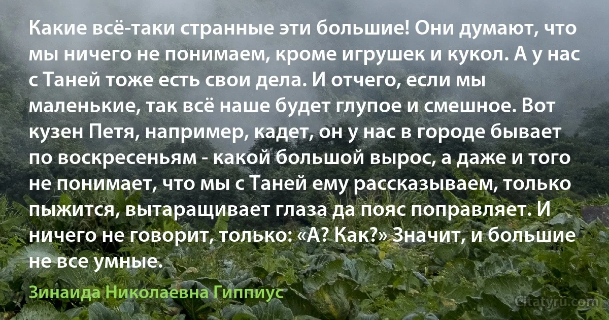 Какие всё-таки странные эти большие! Они думают, что мы ничего не понимаем, кроме игрушек и кукол. А у нас с Таней тоже есть свои дела. И отчего, если мы маленькие, так всё наше будет глупое и смешное. Вот кузен Петя, например, кадет, он у нас в городе бывает по воскресеньям - какой большой вырос, а даже и того не понимает, что мы с Таней ему рассказываем, только пыжится, вытаращивает глаза да пояс поправляет. И ничего не говорит, только: «А? Как?» Значит, и большие не все умные. (Зинаида Николаевна Гиппиус)