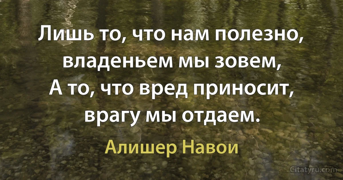 Лишь то, что нам полезно, владеньем мы зовем,
А то, что вред приносит, врагу мы отдаем. (Алишер Навои)