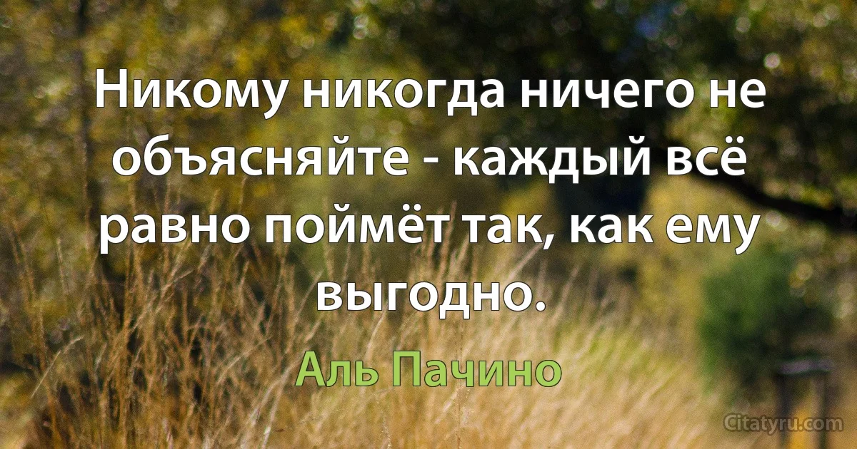 Никому никогда ничего не объясняйте - каждый всё равно поймёт так, как ему выгодно. (Аль Пачино)