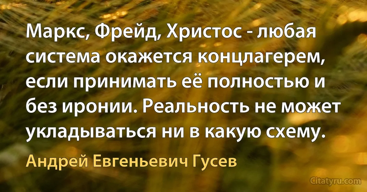 Маркс, Фрейд, Христос - любая система окажется концлагерем, если принимать её полностью и без иронии. Реальность не может укладываться ни в какую схему. (Андрей Евгеньевич Гусев)