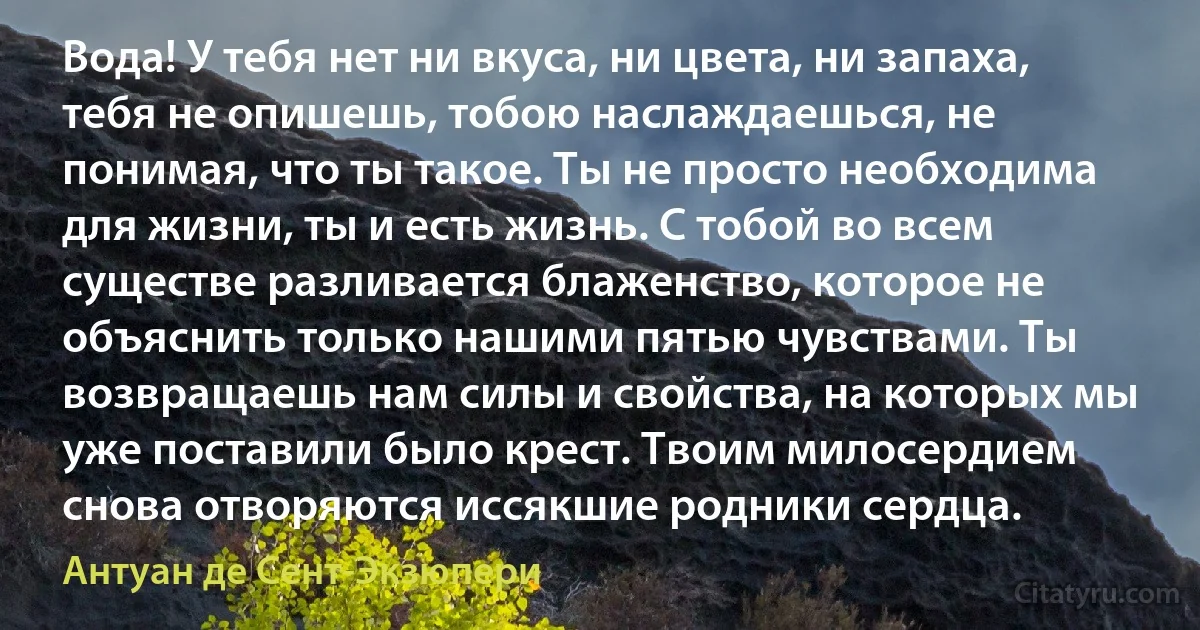 Вода! У тебя нет ни вкуса, ни цвета, ни запаха, тебя не опишешь, тобою наслаждаешься, не понимая, что ты такое. Ты не просто необходима для жизни, ты и есть жизнь. С тобой во всем существе разливается блаженство, которое не объяснить только нашими пятью чувствами. Ты возвращаешь нам силы и свойства, на которых мы уже поставили было крест. Твоим милосердием снова отворяются иссякшие родники сердца. (Антуан де Сент-Экзюпери)