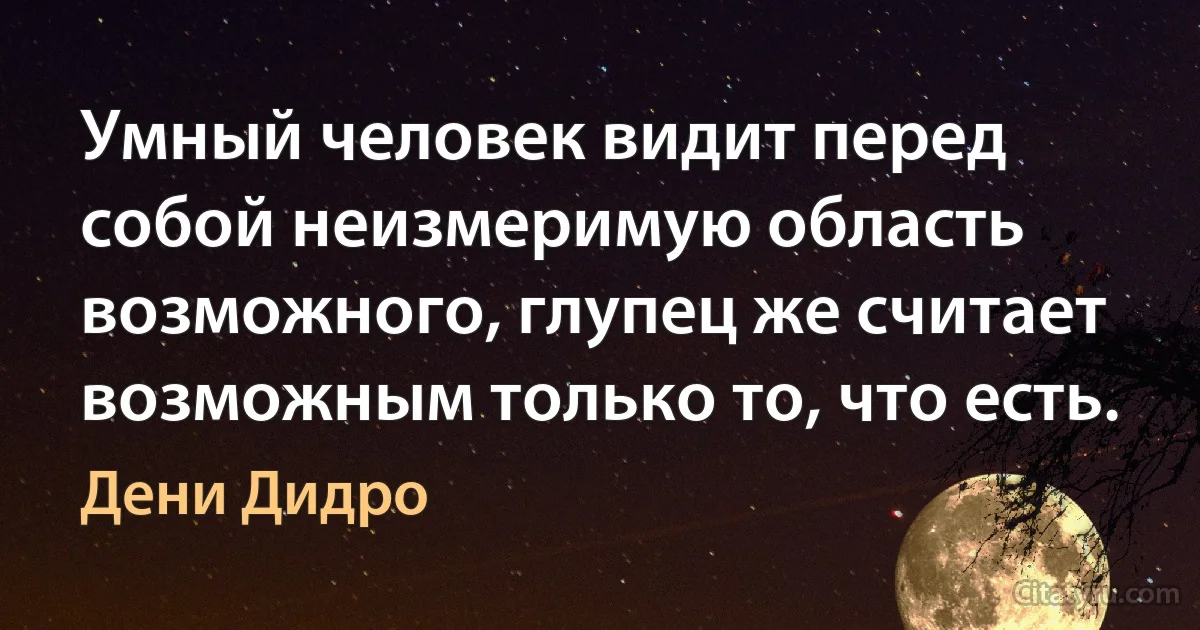 Умный человек видит перед собой неизмеримую область возможного, глупец же считает возможным только то, что есть. (Дени Дидро)