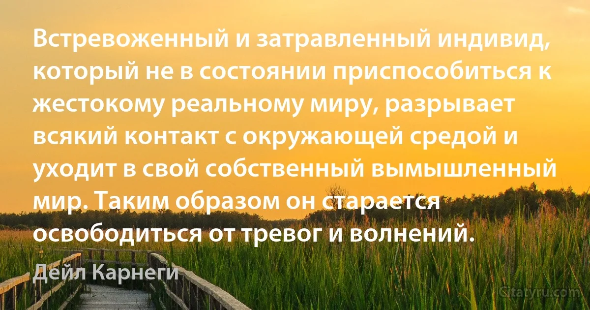 Встревоженный и затравленный индивид, который не в состоянии приспособиться к жестокому реальному миру, разрывает всякий контакт с окружающей средой и уходит в свой собственный вымышленный мир. Таким образом он старается освободиться от тревог и волнений. (Дейл Карнеги)