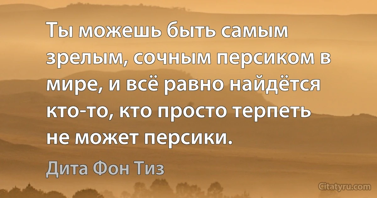 Ты можешь быть самым зрелым, сочным персиком в мире, и всё равно найдётся кто-то, кто просто терпеть не может персики. (Дита Фон Тиз)