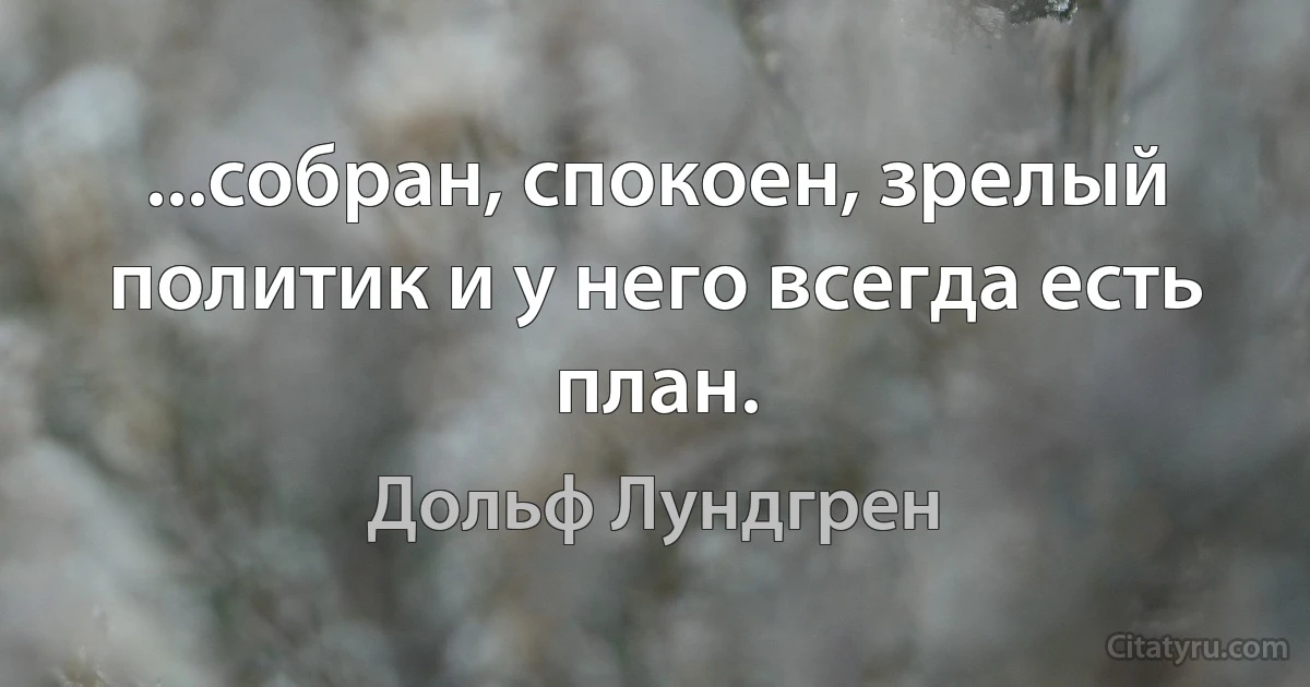 ...собран, спокоен, зрелый политик и у него всегда есть план. (Дольф Лундгрен)