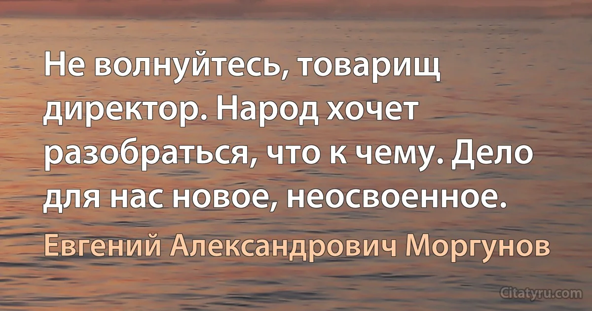 Не волнуйтесь, товарищ директор. Народ хочет разобраться, что к чему. Дело для нас новое, неосвоенное. (Евгений Александрович Моргунов)