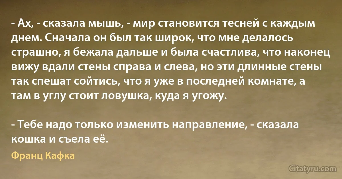 - Ах, - сказала мышь, - мир становится тесней с каждым днем. Сначала он был так широк, что мне делалось страшно, я бежала дальше и была счастлива, что наконец вижу вдали стены справа и слева, но эти длинные стены так спешат сойтись, что я уже в последней комнате, а там в углу стоит ловушка, куда я угожу.

- Тебе надо только изменить направление, - сказала кошка и съела её. (Франц Кафка)