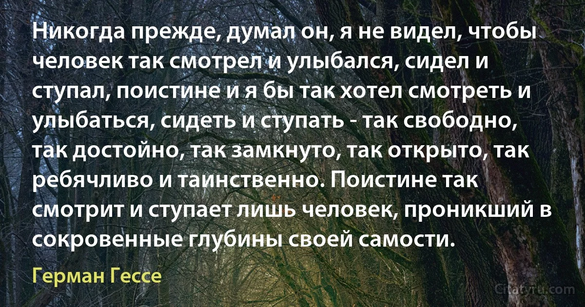 Никогда прежде, думал он, я не видел, чтобы человек так смотрел и улыбался, сидел и ступал, поистине и я бы так хотел смотреть и улыбаться, сидеть и ступать - так свободно, так достойно, так замкнуто, так открыто, так ребячливо и таинственно. Поистине так смотрит и ступает лишь человек, проникший в сокровенные глубины своей самости. (Герман Гессе)