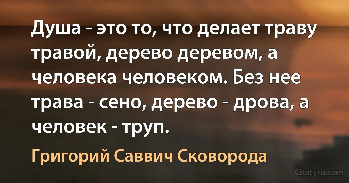 Душа - это то, что делает траву травой, дерево деревом, а человека человеком. Без нее трава - сено, дерево - дрова, а человек - труп. (Григорий Саввич Сковорода)