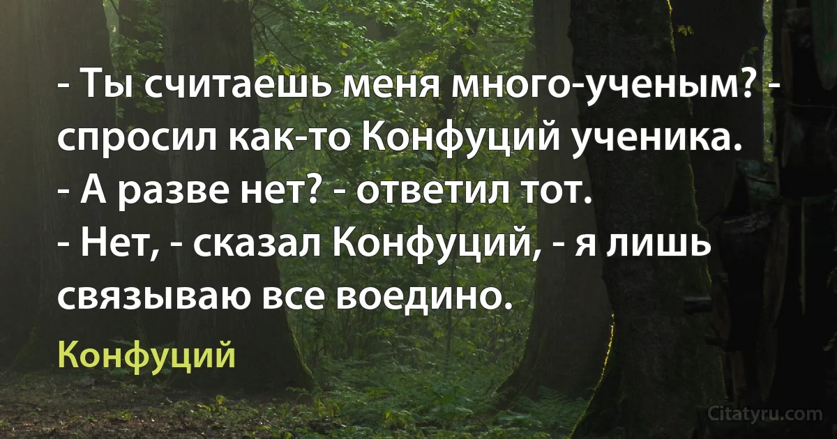 - Ты считаешь меня много-ученым? - спросил как-то Конфуций ученика.
- А разве нет? - ответил тот.
- Нет, - сказал Конфуций, - я лишь связываю все воедино. (Конфуций)