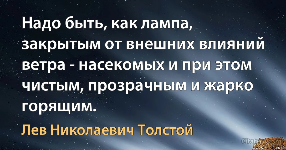 Надо быть, как лампа, закрытым от внешних влияний ветра - насекомых и при этом чистым, прозрачным и жарко горящим. (Лев Николаевич Толстой)