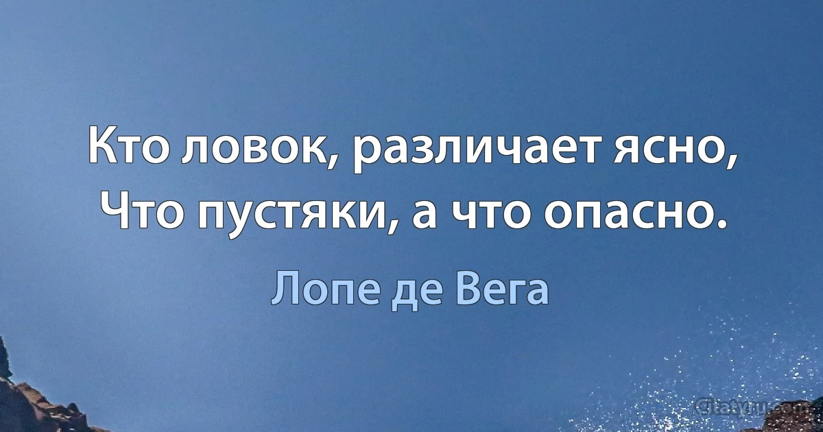 Кто ловок, различает ясно,
Что пустяки, а что опасно. (Лопе де Вега)