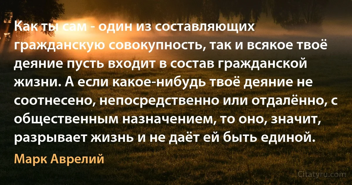 Как ты сам - один из составляющих гражданскую совокупность, так и всякое твоё деяние пусть входит в состав гражданской жизни. А если какое-нибудь твоё деяние не соотнесено, непосредственно или отдалённо, с общественным назначением, то оно, значит, разрывает жизнь и не даёт ей быть единой. (Марк Аврелий)