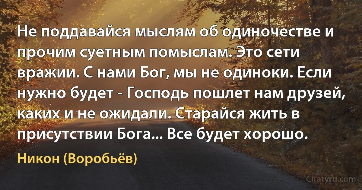 Не поддавайся мыслям об одиночестве и прочим суетным помыслам. Это сети вражии. С нами Бог, мы не одиноки. Если нужно будет - Господь пошлет нам друзей, каких и не ожидали. Старайся жить в присутствии Бога... Все будет хорошо. (Никон (Воробьёв))