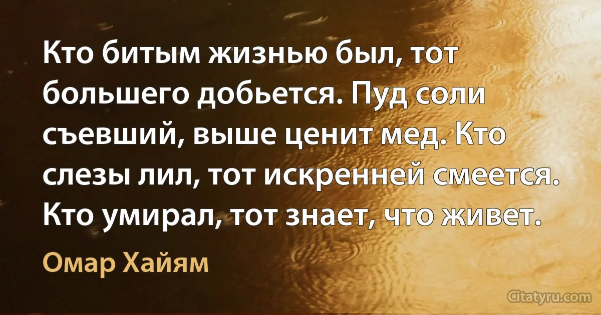 Кто битым жизнью был, тот большего добьется. Пуд соли съевший, выше ценит мед. Кто слезы лил, тот искренней смеется. Кто умирал, тот знает, что живет. (Омар Хайям)