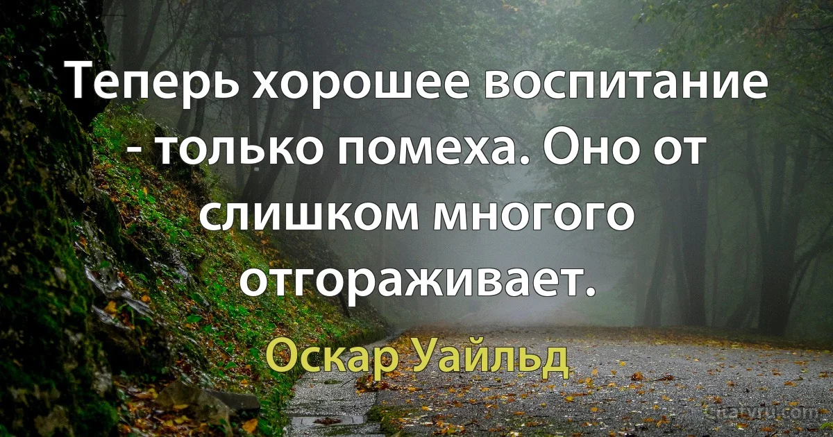 Теперь хорошее воспитание - только помеха. Оно от слишком многого отгораживает. (Оскар Уайльд)