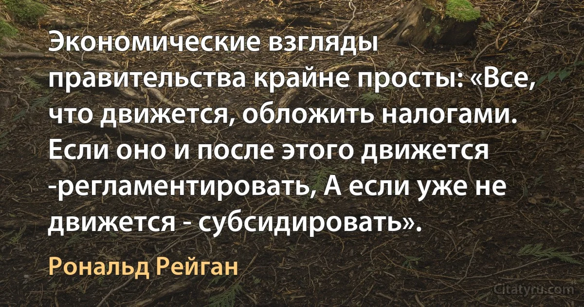 Экономические взгляды правительства крайне просты: «Все, что движется, обложить налогами. Если оно и после этого движется -регламентировать, А если уже не движется - субсидировать». (Рональд Рейган)