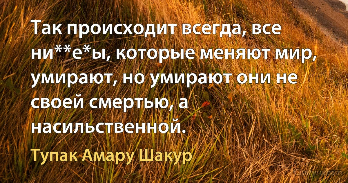 Так происходит всегда, все ни**е*ы, которые меняют мир, умирают, но умирают они не своей смертью, а насильственной. (Тупак Амару Шакур)