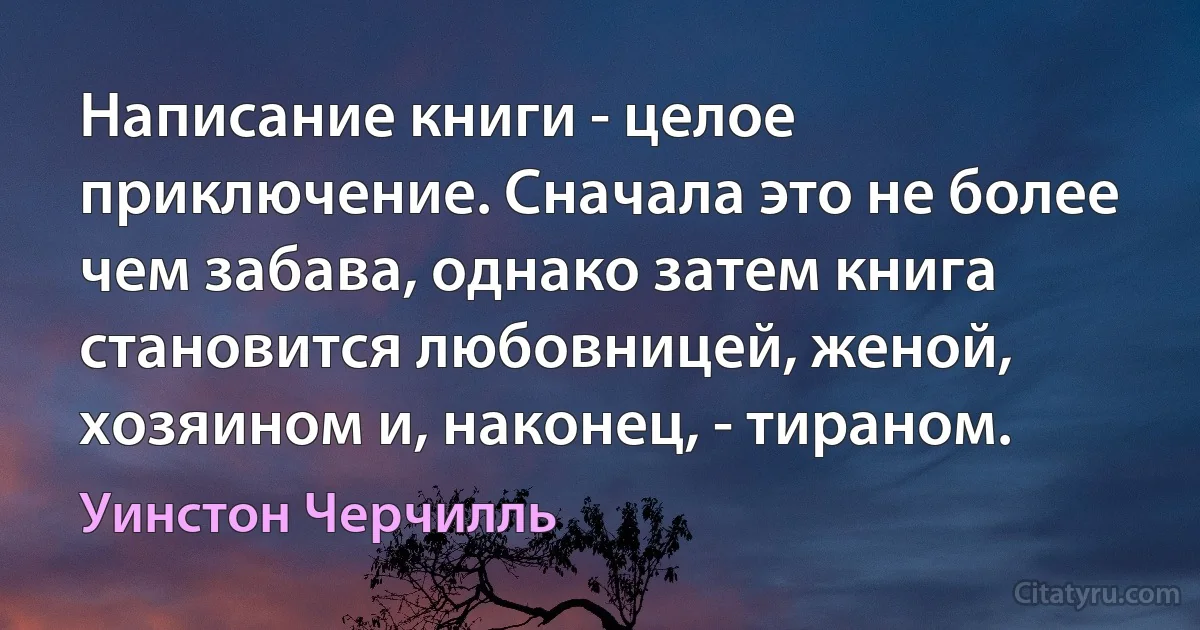 Написание книги - целое приключение. Сначала это не более чем забава, однако затем книга становится любовницей, женой, хозяином и, наконец, - тираном. (Уинстон Черчилль)