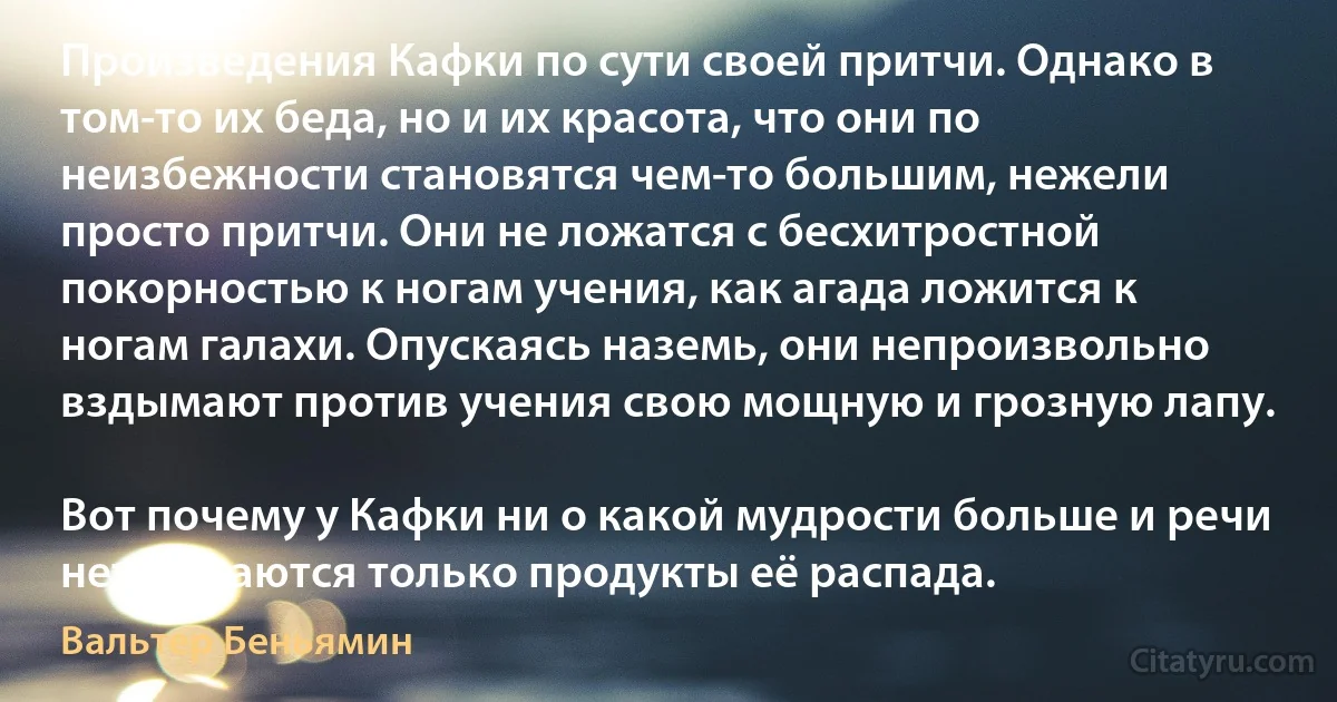 Произведения Кафки по сути своей притчи. Однако в том-то их беда, но и их красота, что они по неизбежности становятся чем-то большим, нежели просто притчи. Они не ложатся с бесхитростной покорностью к ногам учения, как агада ложится к ногам галахи. Опускаясь наземь, они непроизвольно вздымают против учения свою мощную и грозную лапу.

Вот почему у Кафки ни о какой мудрости больше и речи нет. Остаются только продукты её распада. (Вальтер Беньямин)