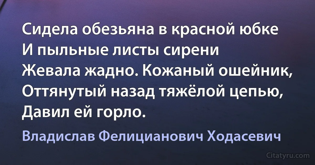 Сидела обезьяна в красной юбке
И пыльные листы сирени
Жевала жадно. Кожаный ошейник,
Оттянутый назад тяжёлой цепью,
Давил ей горло. (Владислав Фелицианович Ходасевич)