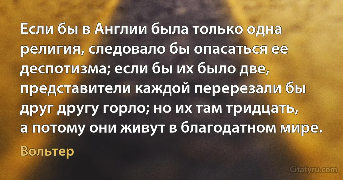 Если бы в Англии была только одна религия, следовало бы опасаться ее деспотизма; если бы их было две, представители каждой перерезали бы друг другу горло; но их там тридцать, а потому они живут в благодатном мире. (Вольтер)