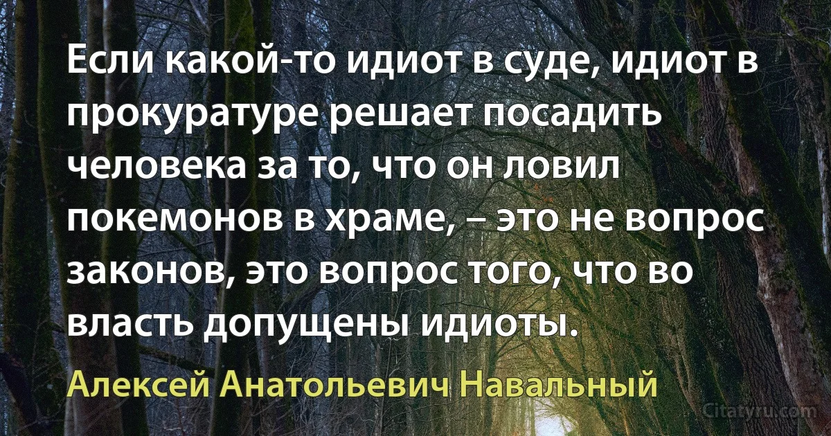 Если какой-то идиот в суде, идиот в прокуратуре решает посадить человека за то, что он ловил покемонов в храме, – это не вопрос законов, это вопрос того, что во власть допущены идиоты. (Алексей Анатольевич Навальный)