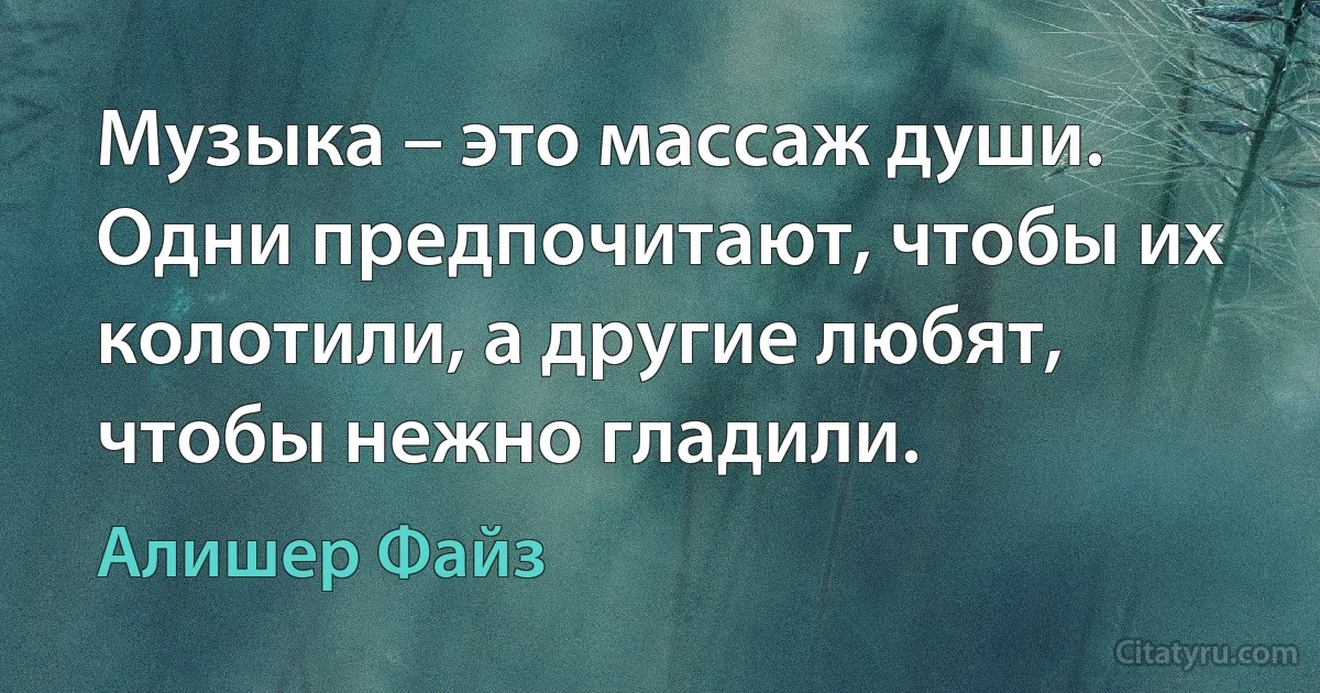 Музыка – это массаж души. Одни предпочитают, чтобы их колотили, а другие любят, чтобы нежно гладили. (Алишер Файз)