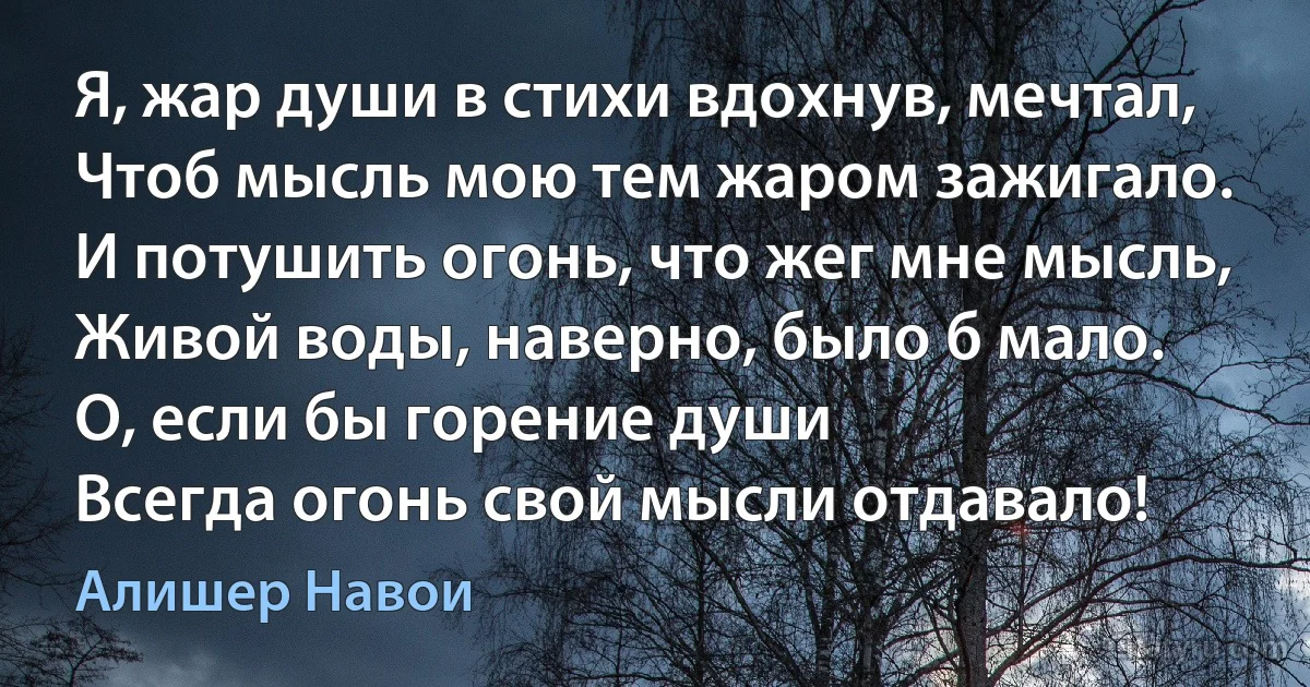 Я, жар души в стихи вдохнув, мечтал,
Чтоб мысль мою тем жаром зажигало.
И потушить огонь, что жег мне мысль,
Живой воды, наверно, было б мало.
О, если бы горение души
Всегда огонь свой мысли отдавало! (Алишер Навои)