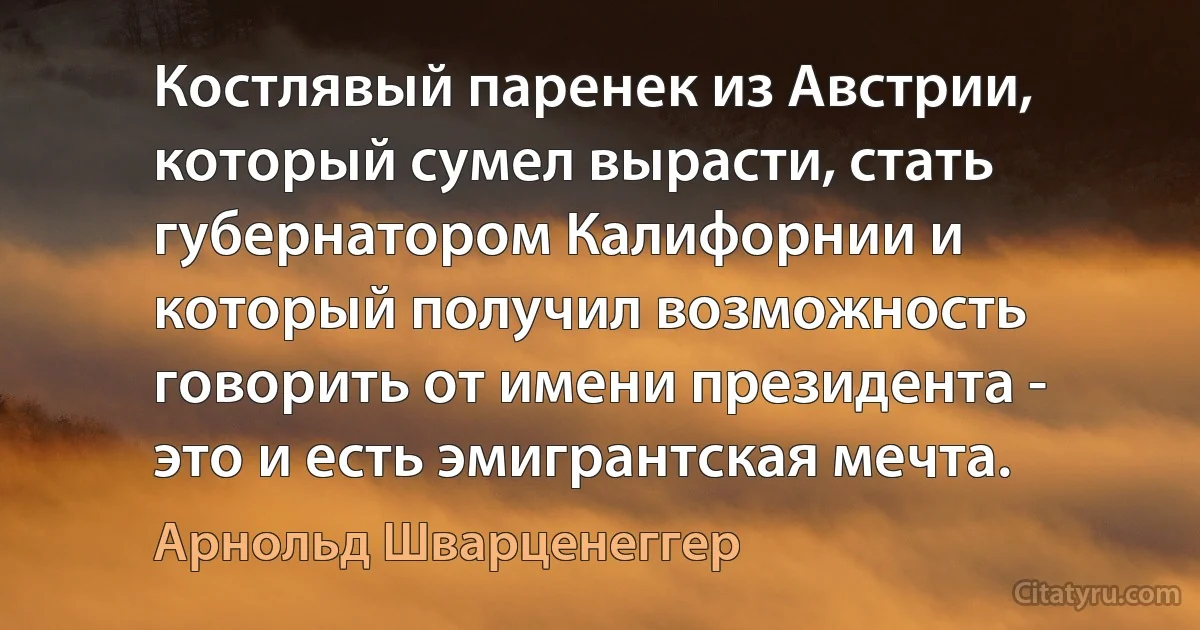 Костлявый паренек из Австрии, который сумел вырасти, стать губернатором Калифорнии и который получил возможность говорить от имени президента - это и есть эмигрантская мечта. (Арнольд Шварценеггер)