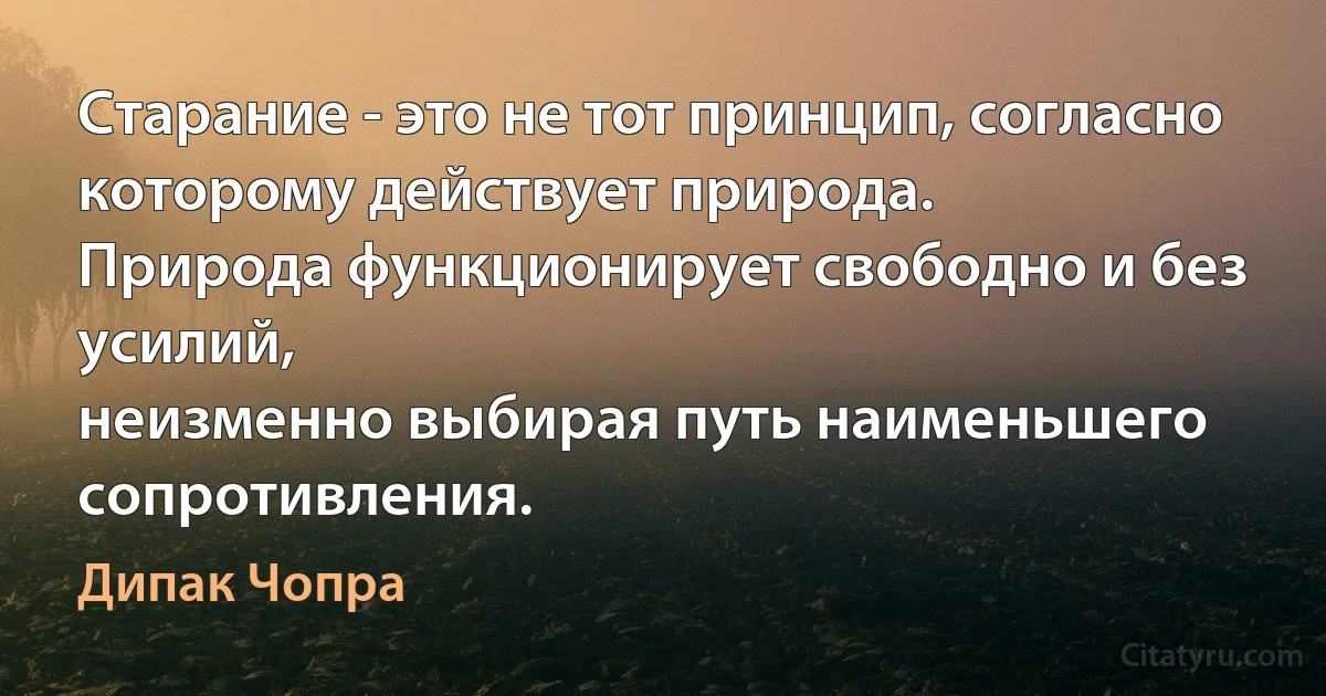 Старание - это не тот принцип, согласно которому действует природа.
Природа функционирует свободно и без усилий,
неизменно выбирая путь наименьшего сопротивления. (Дипак Чопра)