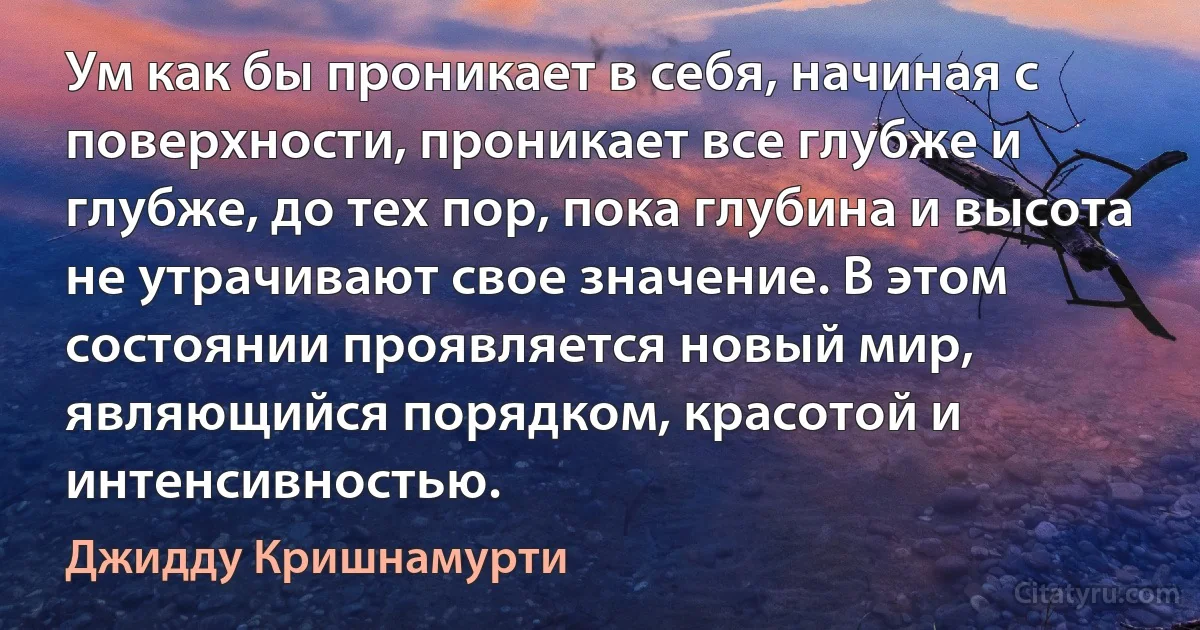 Ум как бы проникает в себя, начиная с поверхности, проникает все глубже и глубже, до тех пор, пока глубина и высота не утрачивают свое значение. В этом состоянии проявляется новый мир, являющийся порядком, красотой и интенсивностью. (Джидду Кришнамурти)