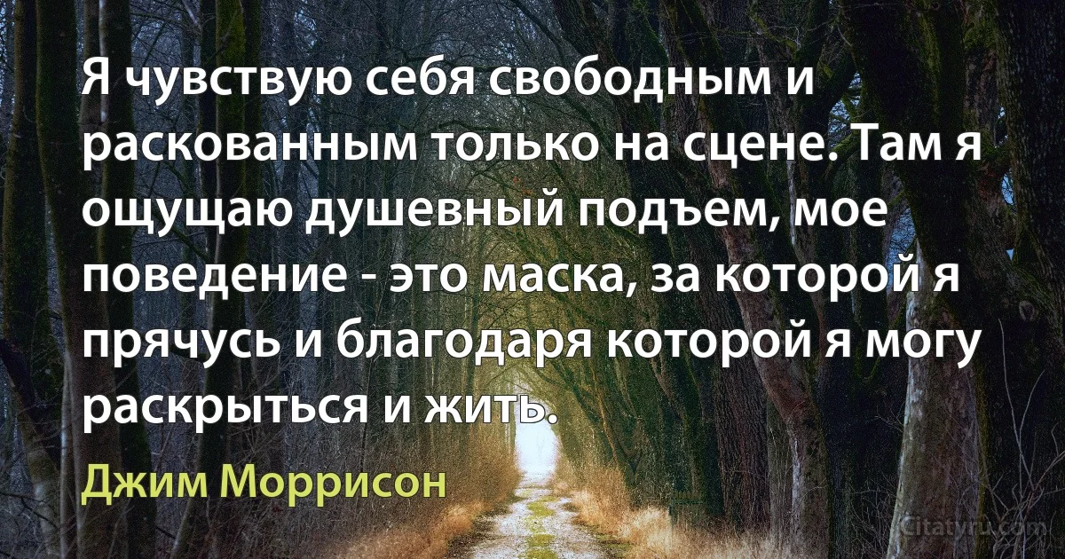 Я чувствую себя свободным и раскованным только на сцене. Там я ощущаю душевный подъем, мое поведение - это маска, за которой я прячусь и благодаря которой я могу раскрыться и жить. (Джим Моррисон)