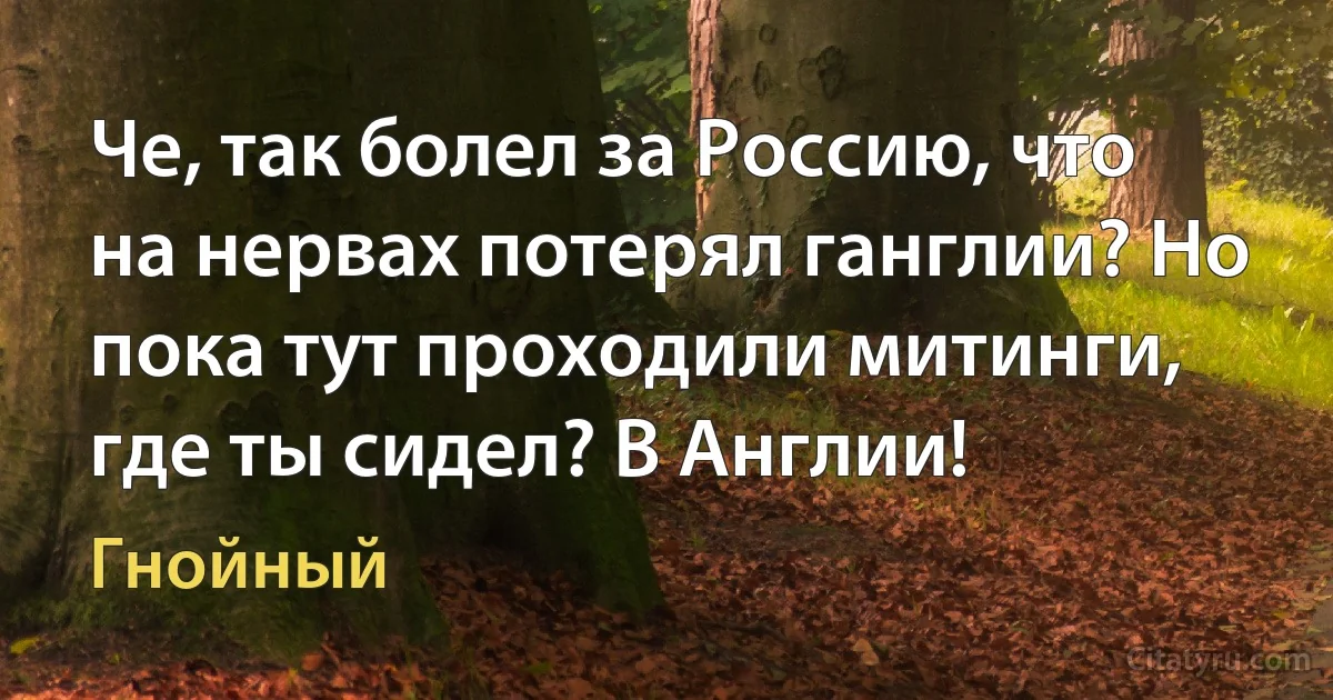 Че, так болел за Россию, что на нервах потерял ганглии? Но пока тут проходили митинги, где ты сидел? В Англии! (Гнойный)