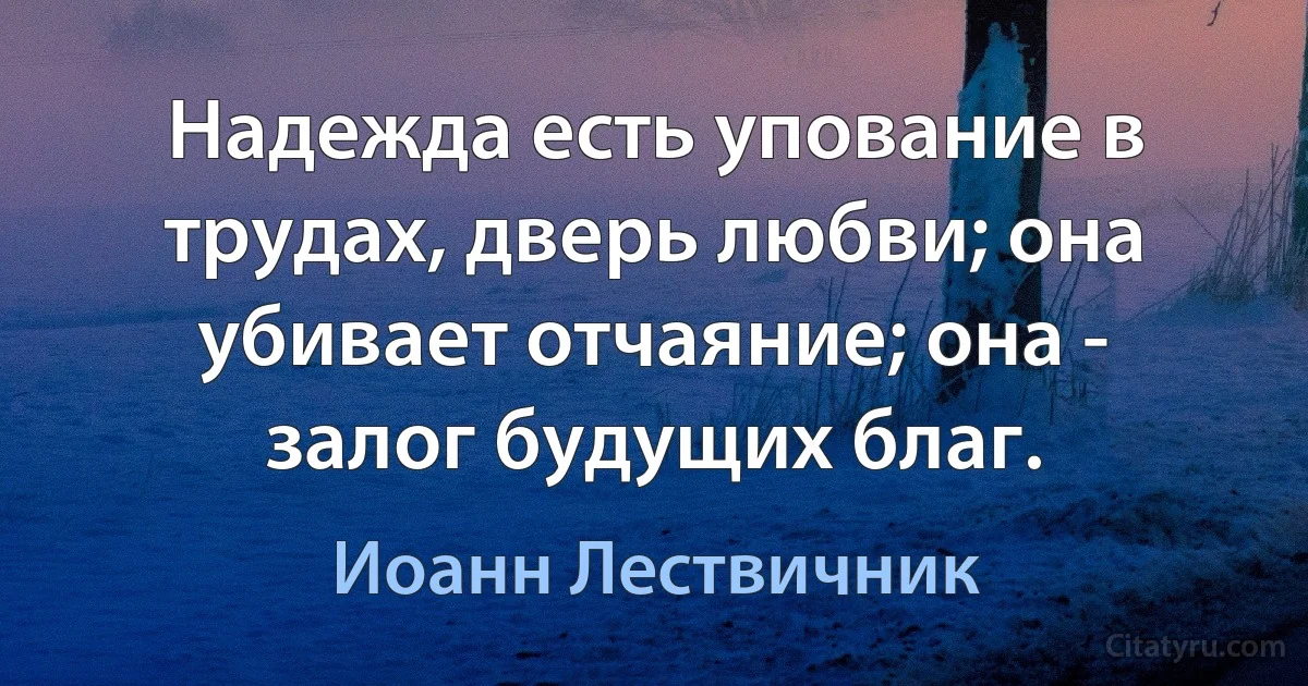 Надежда есть упование в трудах, дверь любви; она убивает отчаяние; она - залог будущих благ. (Иоанн Лествичник)