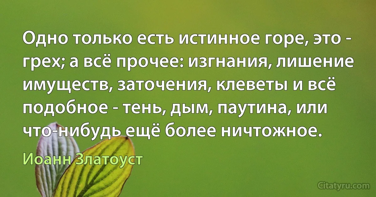 Одно только есть истинное горе, это - грех; а всё прочее: изгнания, лишение имуществ, заточения, клеветы и всё подобное - тень, дым, паутина, или что-нибудь ещё более ничтожное. (Иоанн Златоуст)