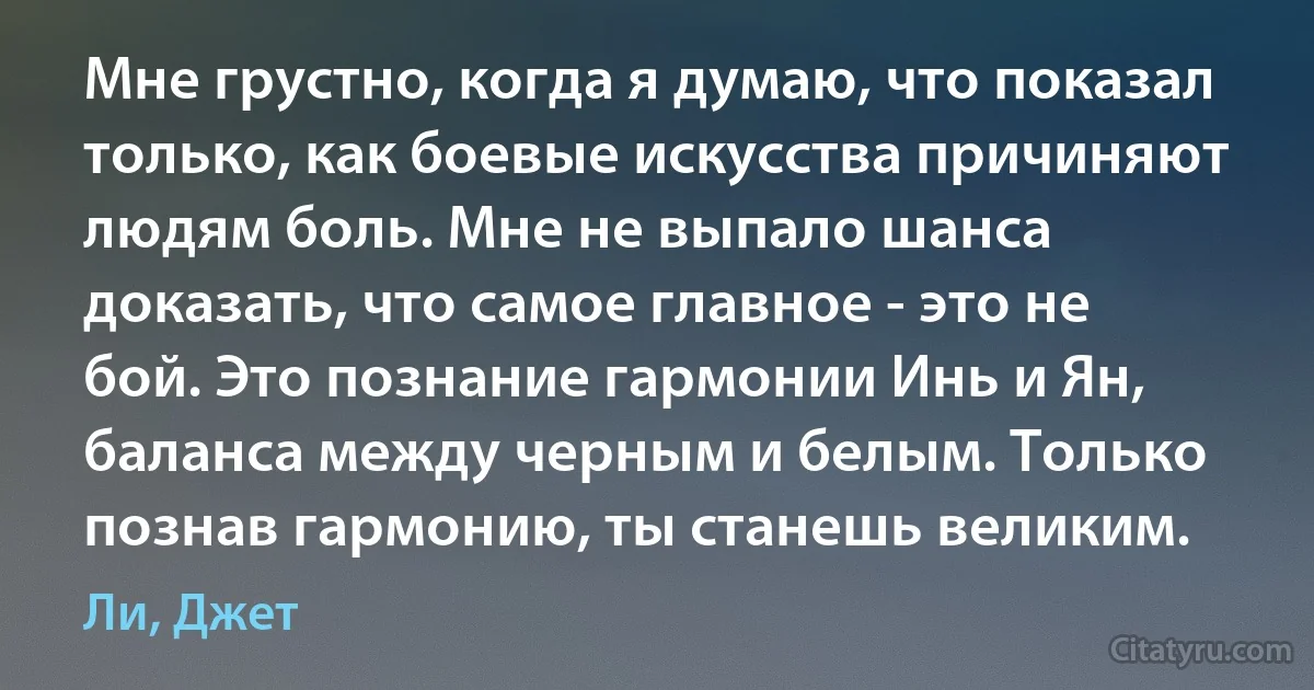 Мне грустно, когда я думаю, что показал только, как боевые искусства причиняют людям боль. Мне не выпало шанса доказать, что самое главное - это не бой. Это познание гармонии Инь и Ян, баланса между черным и белым. Только познав гармонию, ты станешь великим. (Ли, Джет)