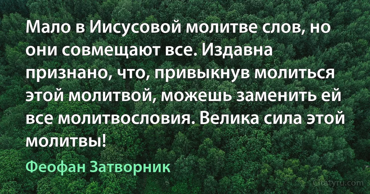 Мало в Иисусовой молитве слов, но они совмещают все. Издавна признано, что, привыкнув молиться этой молитвой, можешь заменить ей все молитвословия. Велика сила этой молитвы! (Феофан Затворник)