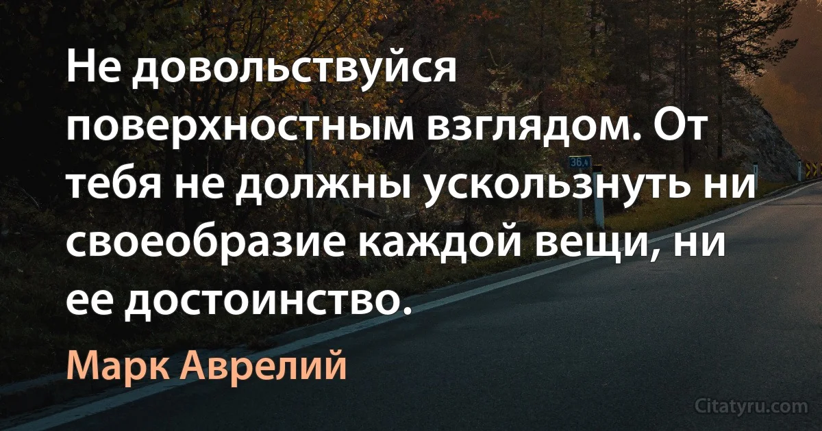 Не довольствуйся поверхностным взглядом. От тебя не должны ускользнуть ни своеобразие каждой вещи, ни ее достоинство. (Марк Аврелий)