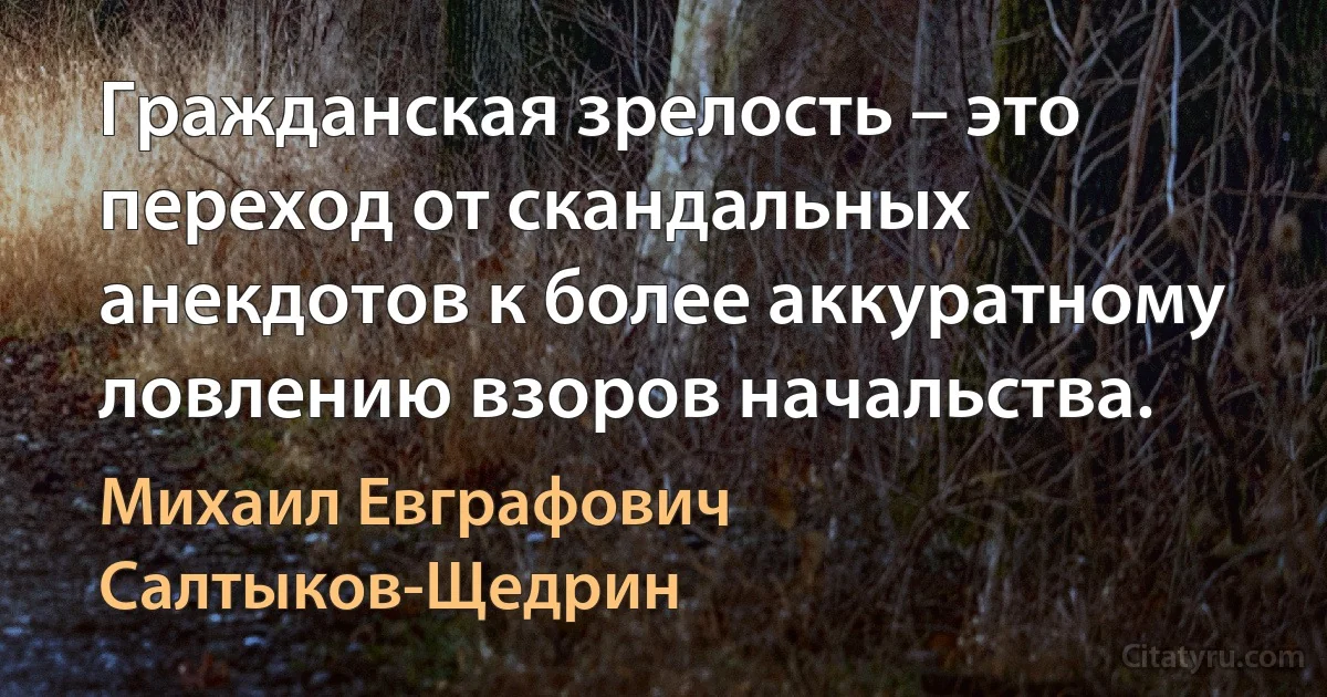 Гражданская зрелость – это переход от скандальных анекдотов к более аккуратному ловлению взоров начальства. (Михаил Евграфович Салтыков-Щедрин)