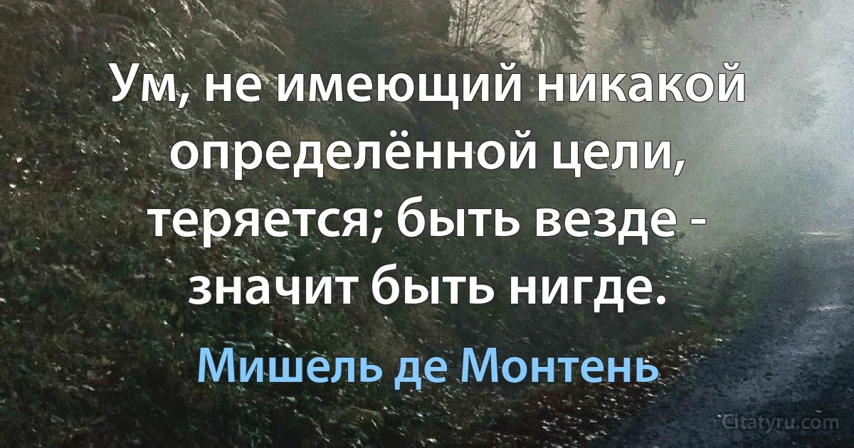 Ум, не имеющий никакой определённой цели, теряется; быть везде - значит быть нигде. (Мишель де Монтень)