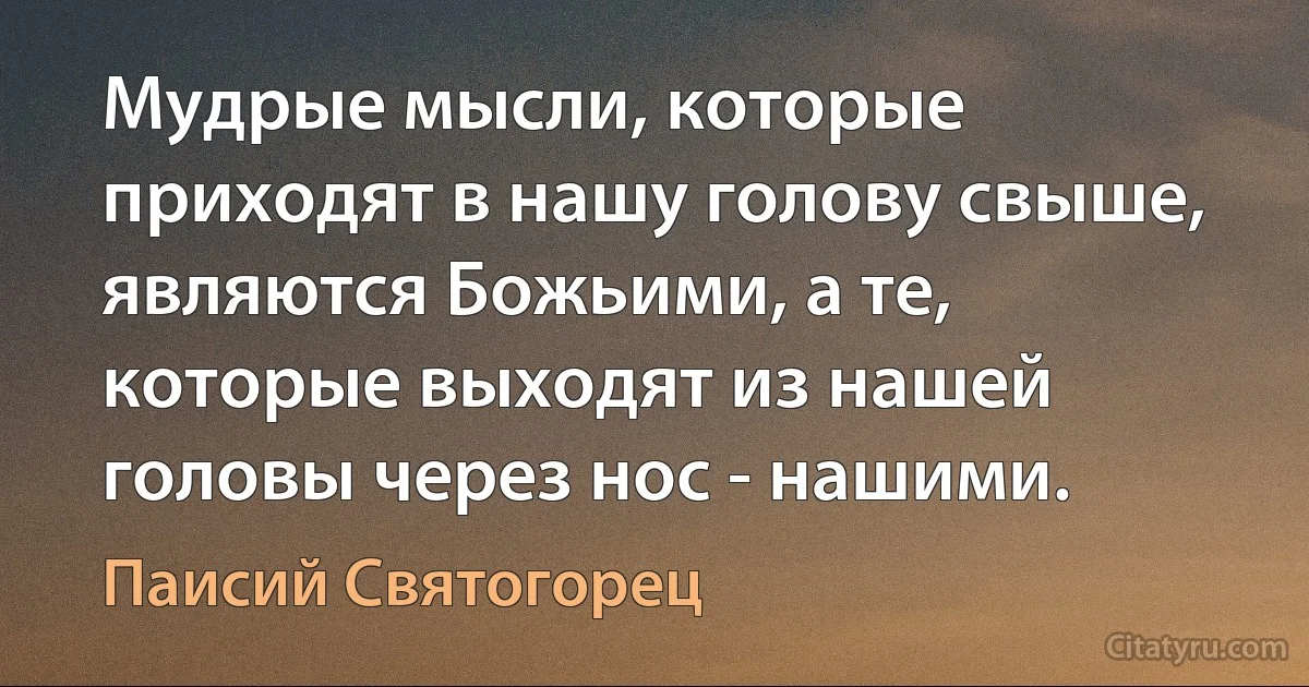 Мудрые мысли, которые приходят в нашу голову свыше, являются Божьими, а те, которые выходят из нашей головы через нос - нашими. (Паисий Святогорец)