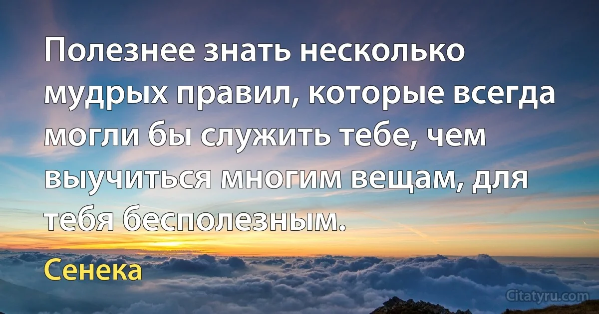 Полезнее знать несколько мудрых правил, которые всегда могли бы служить тебе, чем выучиться многим вещам, для тебя бесполезным. (Сенека)